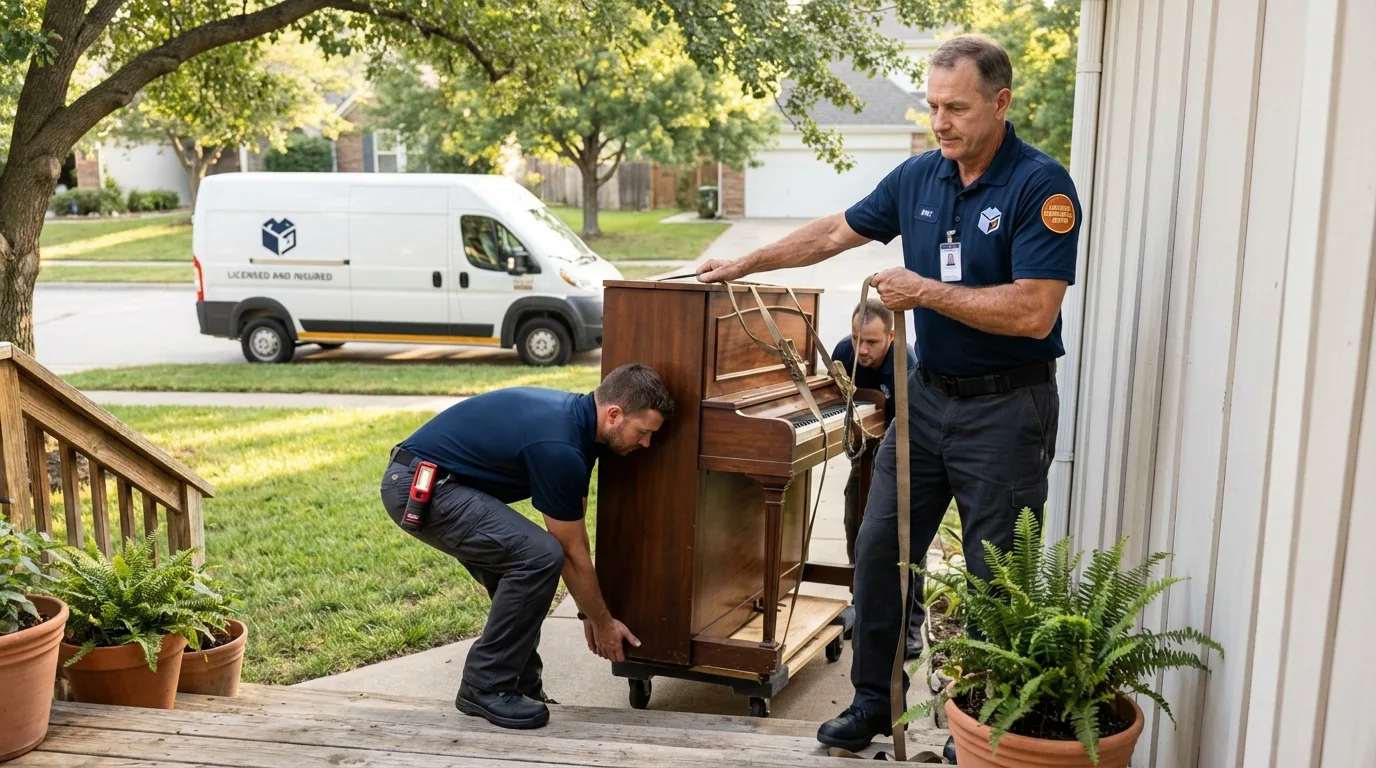Licensed piano movers securing grand piano in Marion, NC